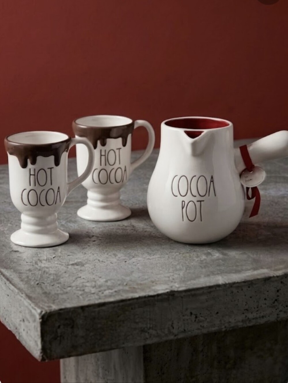 NEW Rae Dunn COCOA POT Hot Cocoa Server & HOT COCOA Pedestal Mugs Set